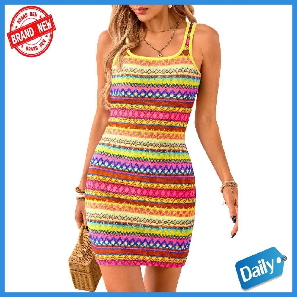 Sleeveless Bodycon Mini Dress Square Neck Summer Boho Striped